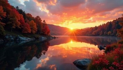 Golden hour sunset reflects on calm lake, vibrant autumn foliage , image, majestic