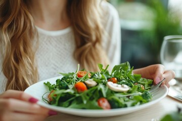 Woman Enjoying Delicious Healthy Green Salad Lunch Restaurant Food Diet Meal Fork Fresh Plate Tasty 