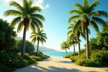 Majestic Mediterranean palm trees, sun-drenched foliage , vertical, branches