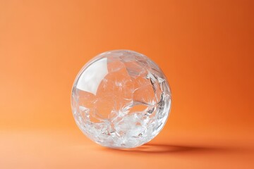 A transparent cracked sphere rests on an orange colored surface