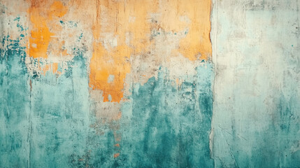 Abstract textured wall with teal and orange paint layers