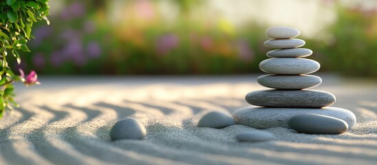 Obraz premium Zen garden scene featuring stacked smooth stones in light gray, set against a softly blurred background of greenery and purple flowers.