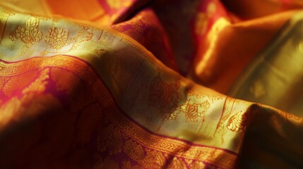 Luxurious indian silk fabric close-up with intricate gold and orange embroidery