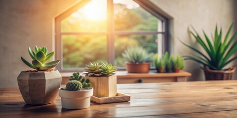 Fototapeta premium Sunlit succulents in stylish containers grace a rustic wooden table, bathed in the warm glow of a nearby window, creating a serene and inviting indoor scene.