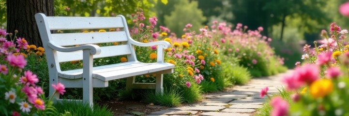 Shabby chic white bench amidst blooming flowers , flowers, outdoor seating