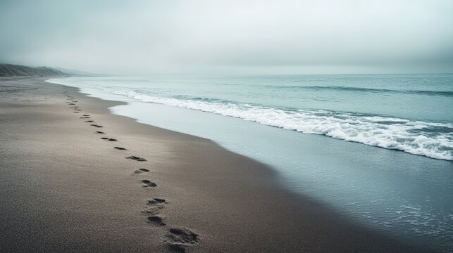 Moody coastal scene with footprints trailing along a sandy beach, waves rolling towards the shore, and a foggy, soft-toned landscape with distant rocky coastline. Generative AI