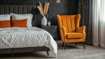 Generative AI, Minimalist Modern Bedroom with Bold Yellow Accent Chair and Concrete Elements