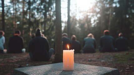 Obraz premium Gathering in serene woods, flickering candlelight illuminates tr