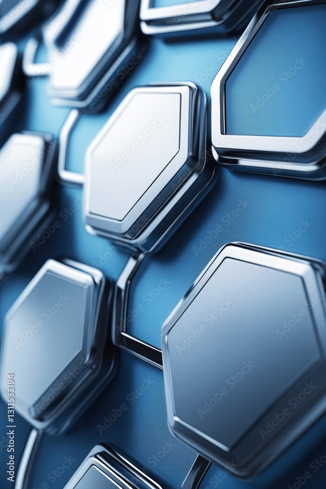Poster abstract background, blue and gray hexagons with soft bokeh effect and depth of field