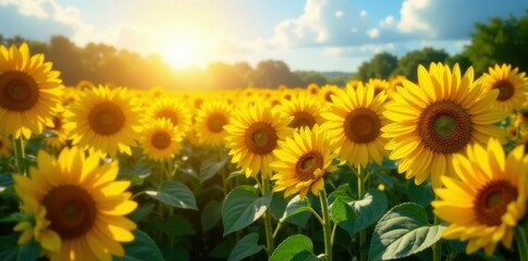 Fototapeta premium Endless rows of vibrant sunflowers bask in summer sunlight , golden, yellow