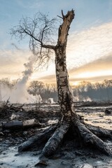 Abandoned landscape: A dead tree starkly contrasts with the backdrop of industrial decay and urbanization.