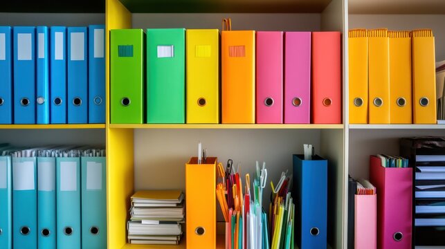 Colorful office files organized on shelves
