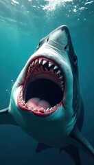 Naklejka premium Great white shark, jaws agape, ocean background, power, aquatic