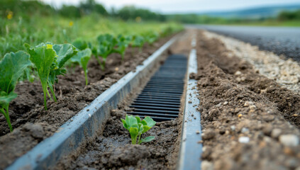 An empty rainwater harvesting system is shown beside a dirt path, highlighting its design. Nearby, young plants are beginning to grow in the soil, suggesting agricultural development