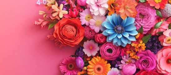 Vibrant floral arrangement with mixed bright blooms including roses and daisies in shades of pink, orange and blue against a soft pink background