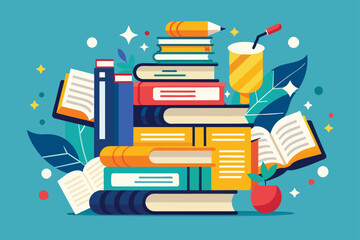 A vibrant arrangement of books alongside a pencil and a drink illustrates a customized reading list, Reading list Customizable Disproportionate Illustration