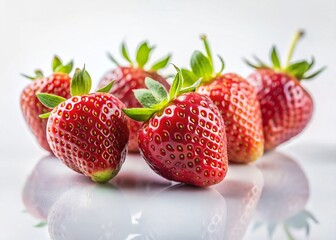 Six Juicy Strawberries Arranged on White Background - Long Exposure Stock Photo