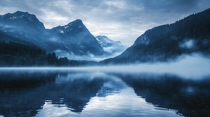 Naklejka premium Serene Misty Mountains Reflecting in Lake Waters - Nature Stock Photo