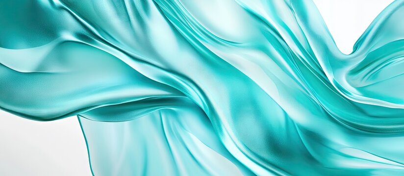 Transparent flowing turquoise silk fabric elegantly draped across a bright white background creating soft curves and gentle waves throughout the image.