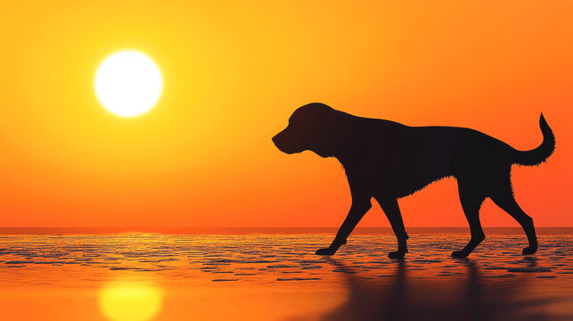 Silhouette of dog walking on beach at sunset with vibrant orange sky