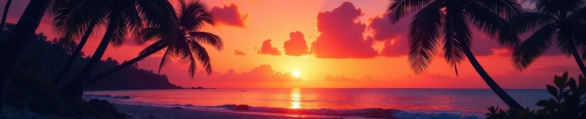 Silhouetted palms, dusky sky, tropical beach after sunset , colorful sunset, warm, tropical