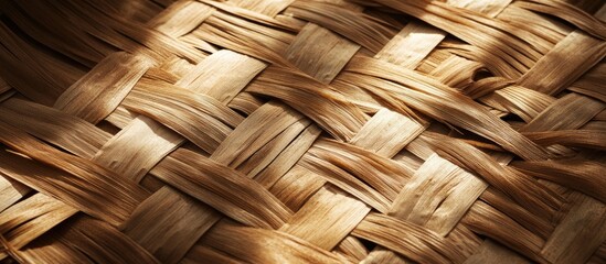 Detailed close-up of a traditional Emirati woven mat made from dried palm leaves showcasing rich golden brown tones and intricate weaving patterns.