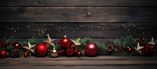 Dark wooden background with red and gold Christmas decorations pinecones and green foliage creating a festive atmosphere with ample copy space