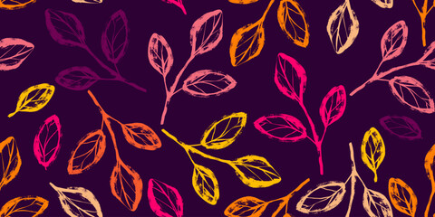 Seamless Pattern with Hand Drawn Ink Branches with Leaves. Nature contemporary floral art design in retro style with subtle grunge effect perfect for modern print projects, fashion, wrapping paper