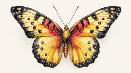 Fototapeta premium A vibrant watercolor depiction of a yellow and black butterfly, adorned with striking red-black wing patterns. Its wings unfurled gracefully, the delicate body tilts to the left, capturing motion in s