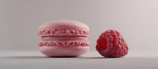 Elegant pink macaron positioned on the left with a fresh raspberry on the right against a soft white background, emphasizing vibrant color contrast.