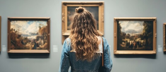 Woman with long hair in denim jacket observing framed paintings in an art gallery; soft gray walls, warm wood tones, artsy lifestyle atmosphere.
