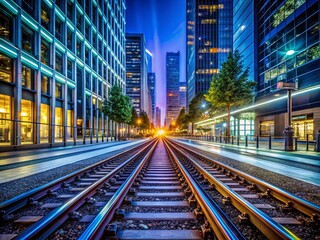 Fototapeta premium Sleek Modern Speed Tram Railway Track at Night - City Business District