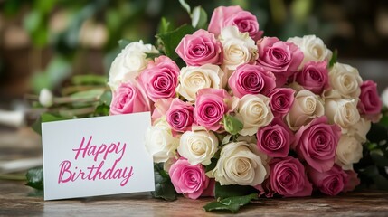 Birthday roses bouquet card. Pink white roses happy birthday. Elegant floral arrangement. AI generated
