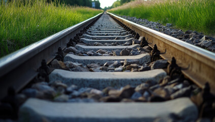 The top edge of train tracks is visible, showcasing the alignment of the rails and gravel. Lush grass flanks the sides, creating a serene landscape during late afternoon