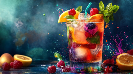 garnished with random slices of fruits and herbs, with colorful paint splashes around the glass 