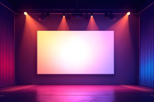 Empty Stage with Neon Lighting and Blank Screen for Presentation or Event