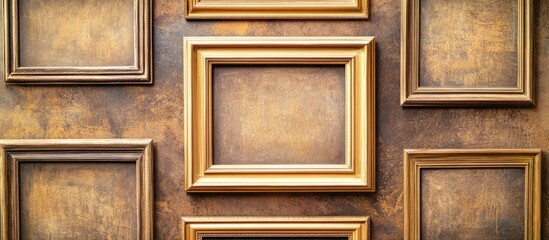 Fototapeta premium Vintage wooden frames arranged on textured brown wall with empty center space for artwork or photographs in warm golden tones.