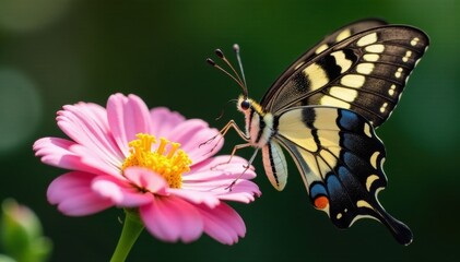 Papilio machaon feeding on flower, delicate details, black and yellow butterfly, nature photography, swallowtails