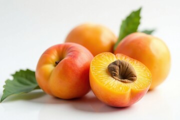 Plump, sun-dried apricots against pure white backdrop , organic, high-res
