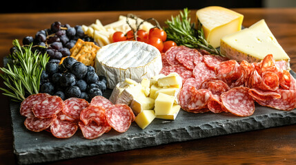 Assorted cheese and charcuterie platter with grapes and tomatoes on slate board