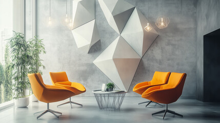 Relaxing office with geometric shapes, comfortable seating, and a bright, welcoming atmosphere-4