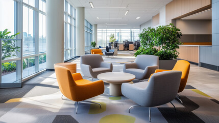 Relaxing office with geometric shapes, comfortable seating, and a bright, welcoming atmosphere-3