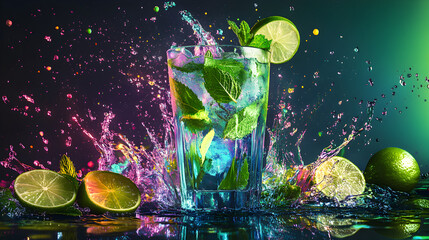 in a glass with mint leaves, lime slices, and random splashes of neon paint creating an artsy, dynamic scene 