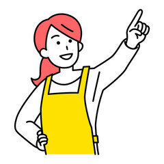 遠くを指差すエプロン姿の女性