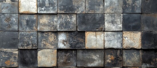 Fototapeta premium Intricate weathered black and gray patchwork tile texture on a rustic stone wall with worn metallic accents creating a vintage backdrop