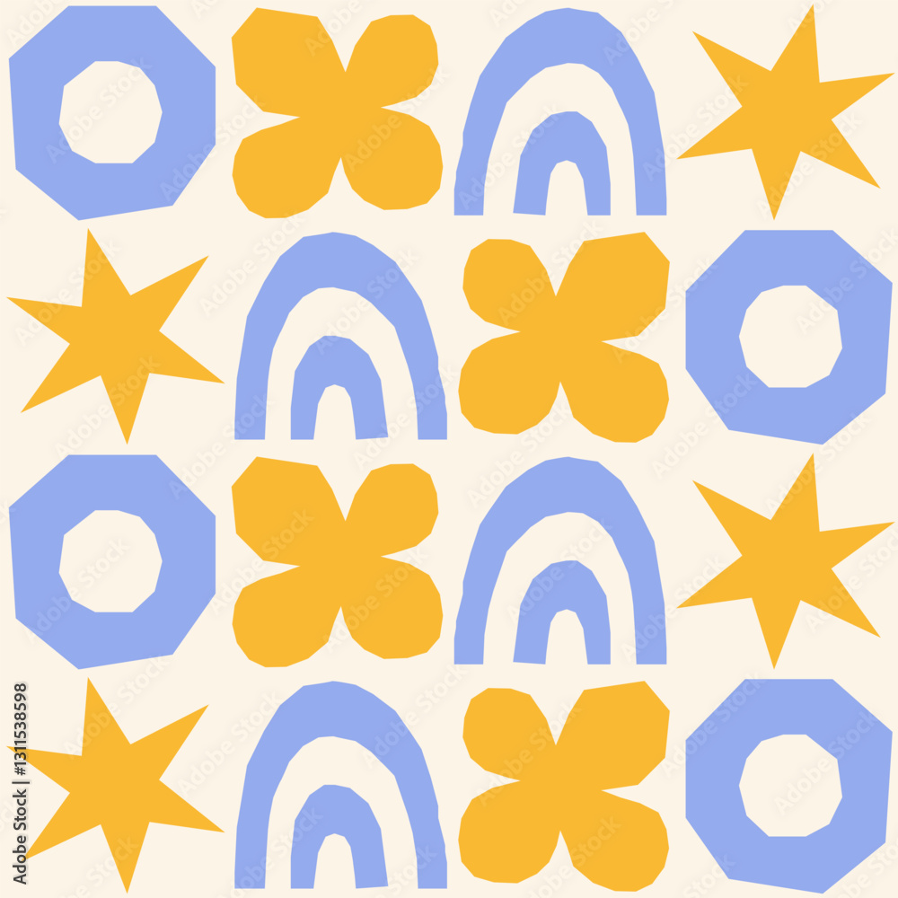 Poster cute geometric seamless pattern with hand drawn shapes on a beige background. simple groovy modern d