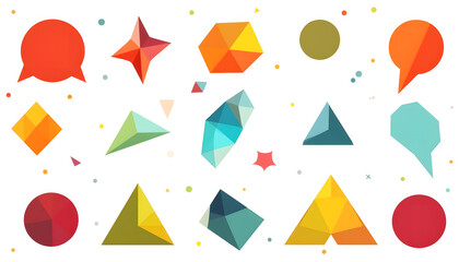  Vector colored geometric shapes: Create a set of vector objects consisting of triangles, circles and squares of bright colors on white background.