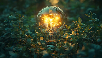 glowing light bulb surrounded by lush green foliage creates serene atmosphere. warm light contrasts beautifully with natural elements