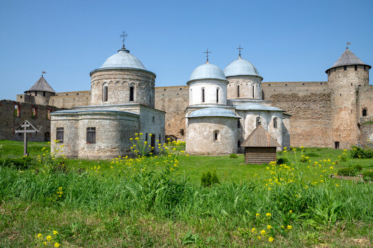 Sunny summer day in the ancient Ivangorod fortress, Leningrad region, Russia