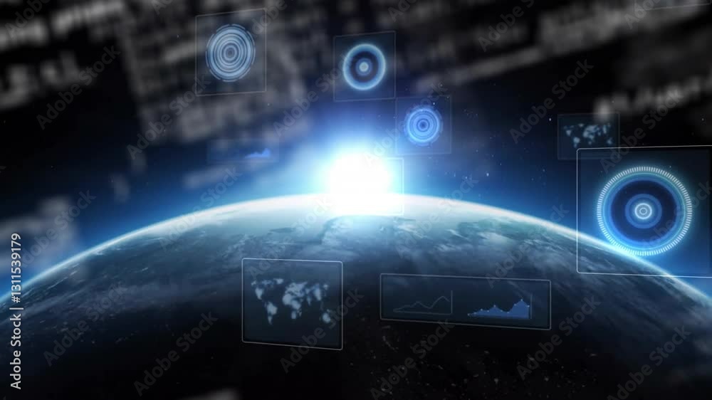 Wall mural animation of digital data and graphs overlaying earth with glowing light in space